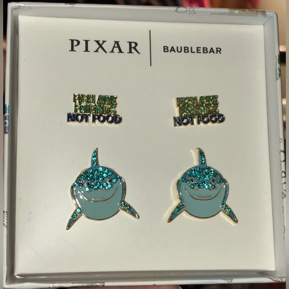 DISNEY PIXAR Finding Nemo Enamel Glitter Shark Fish Two 2 Pair Earrings NEW NWT